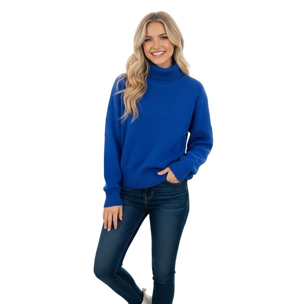 Bogner Vintage Italian Yarn Wool Blend Turtleneck Ski Sweater Royal Blue Size L